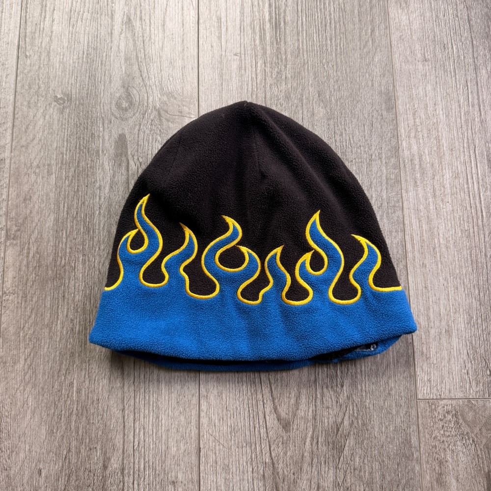 Kids/mens XS Fleece Beanie Black Blue Yellow Flames Y2K Skate Hat